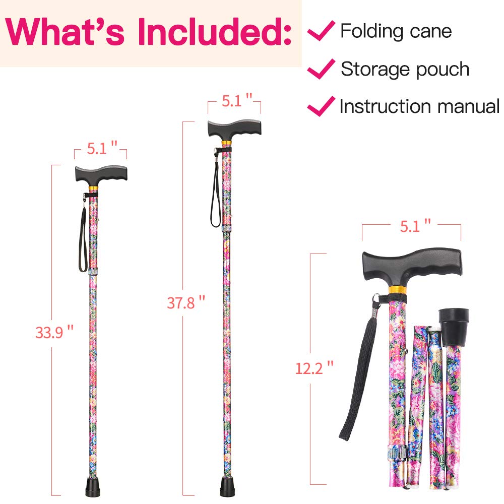 Walking Cane LIXIANG Cane for Woman | Mobility & Daily Living Aids | 5-Level Height Adjustable Walking Stick | Comfortable Plastic T-Handle Pink Print