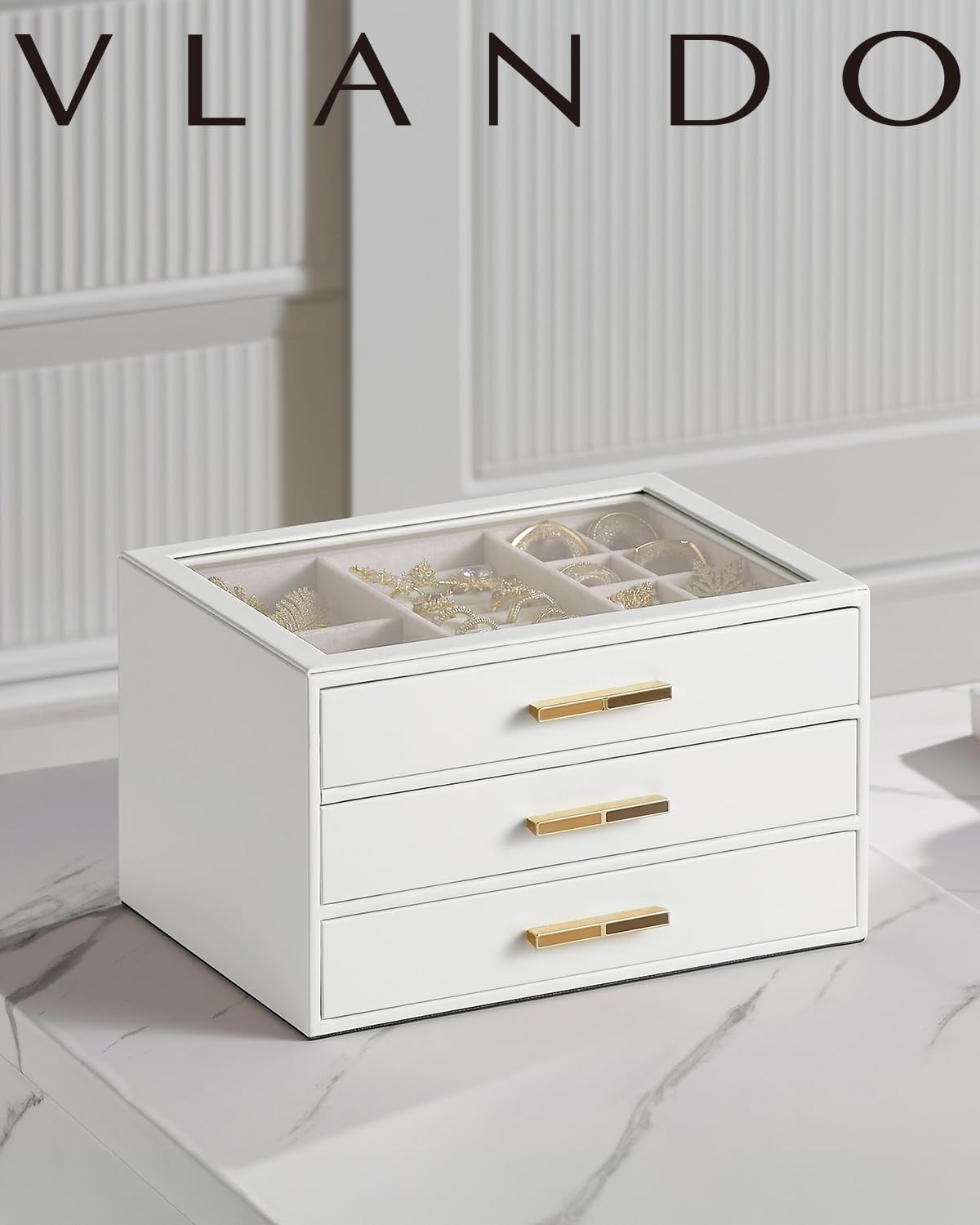 Vlando Jewelry Box for Women, Glass Lid Jewelry Organizer with 3 Drawers for Necklaces Rings Earrings Bracelets Christmas Gift - White