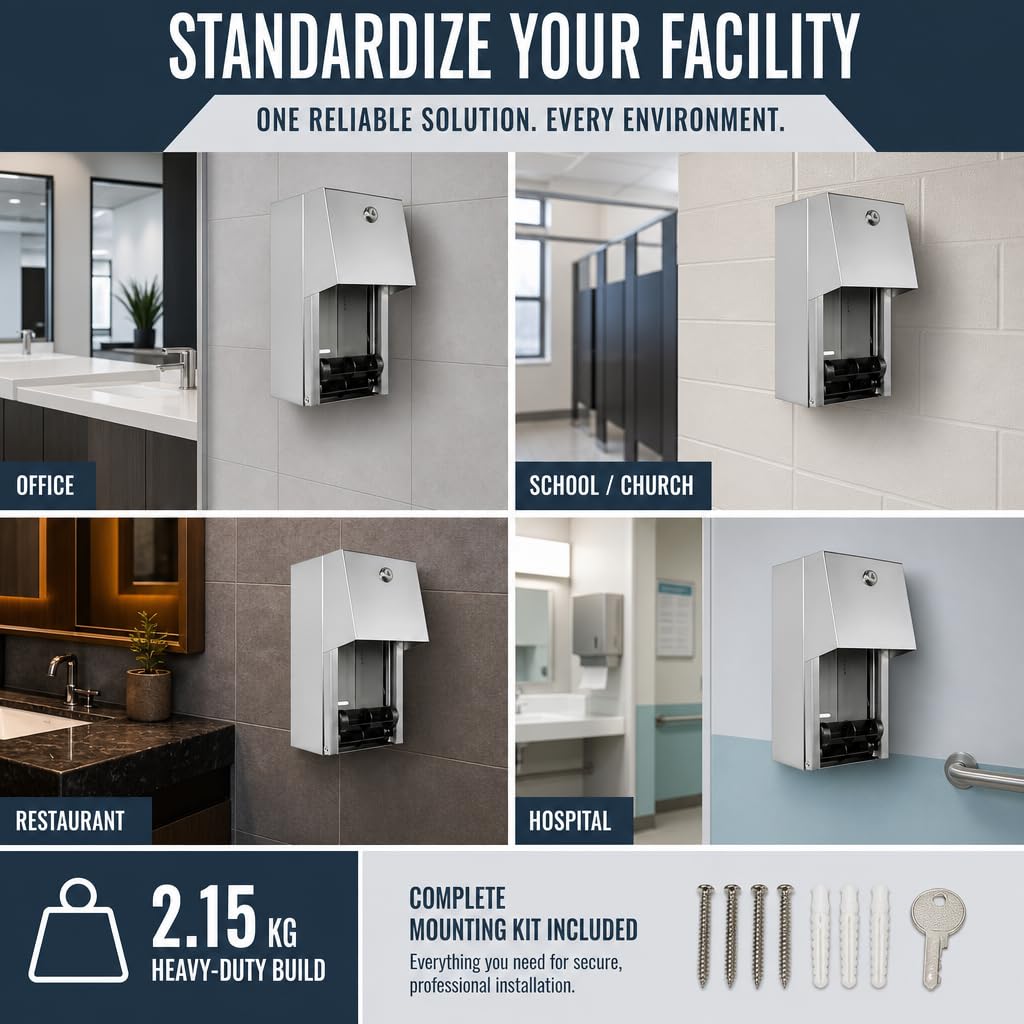 Stylever Commercial Toilet Paper Dispenser - 304 Stainless Steel Double Roll Holder - Heavy Duty Lockable Wall Mount Tissue Dispenser for Restroom - Metal Bathroom Fixtures
