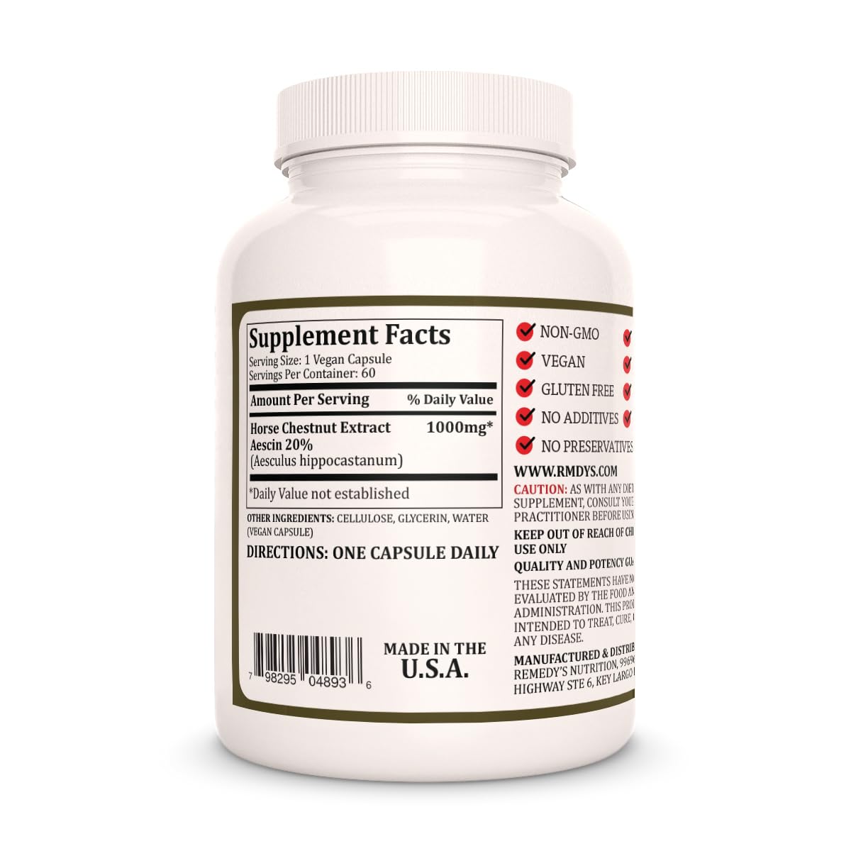Remedy's nutrition Horse Chestnut Extract Aescin 20% - 1,000mg, 60 Vegan Capsules Herbal Dietary Supplement - 2 Month Supply
