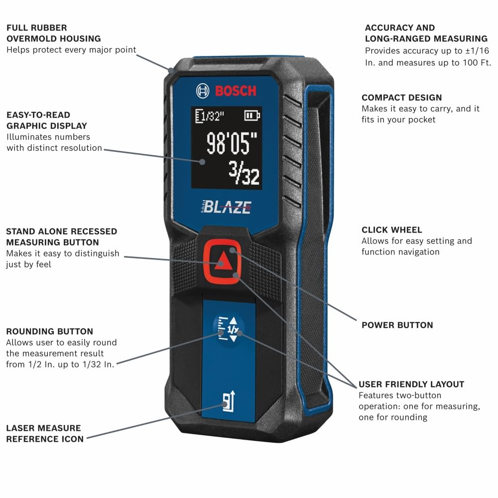 BOSCH GLM100-23 100 Ft Blaze Laser Distance Measure, Includes 2 AA Batteries, Distance Measuring Laser