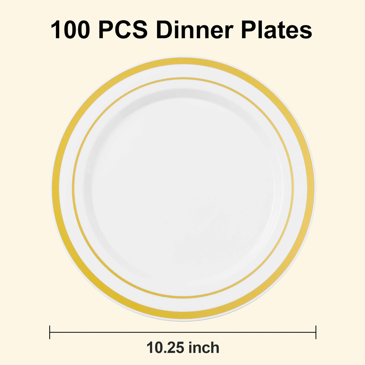 BESTSTAR 100PCS White Plastic Plates for Party, 10.25 Inch Disposable Plates with Gold Rim, Heavy Duty Dinner Plates for Christmas, Thanksgiving, Party, Wedding and Birthday