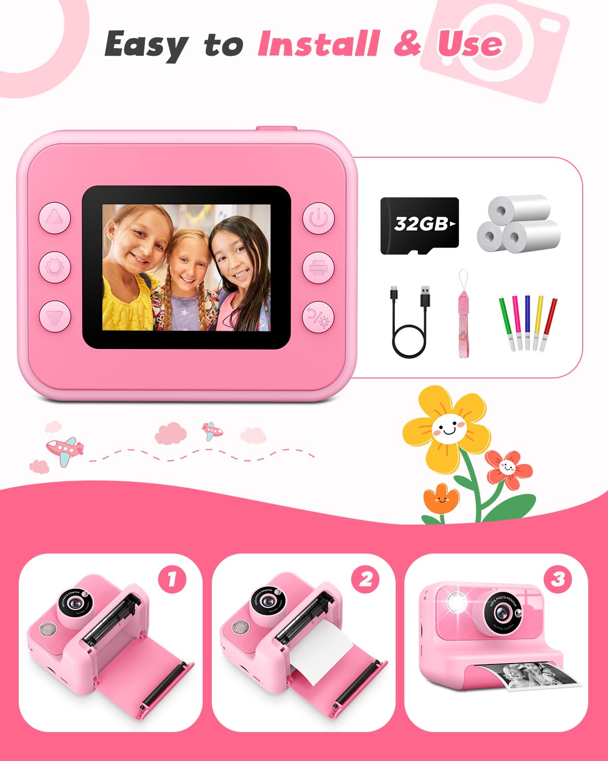 LETSHAHA Instant Print Camera for Kids, 1080P Digital Video Cameras, Christmas Birthday Gifts Toys for Age 3-12, Toddler Camera for 4 5 6 7 8 9 10 Year Old Girls - Pink