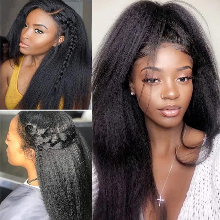 Ladoux 13x6 Lace Front Kinky Straight Wig HD Transparent Yaki Straight Frontal Closure Human Hair Wigs for Women 20Inch 180% Density Glueless Wig Pre Plucked With Baby Hair
