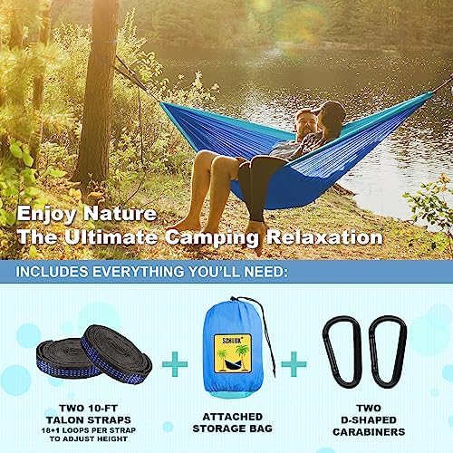 SZHLUX Camping Hammock Double & Single Portable Hammocks with 2 Tree Straps, Great for Hiking,Backpacking,Hunting,Outdoor,Beach,Camping,Dark Blue / Sky Blue