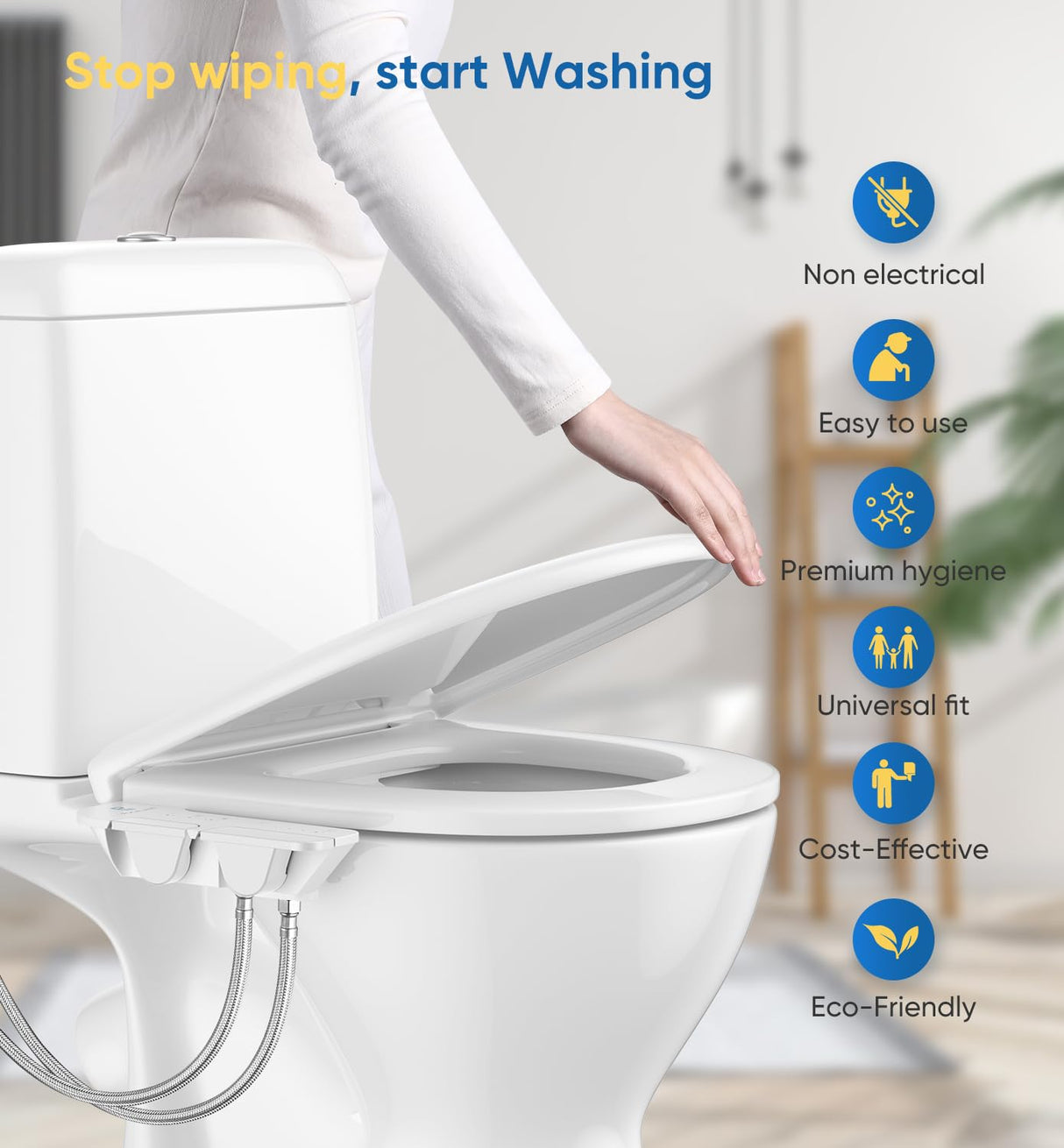 Ultra-Slim 3-in1 Bidet, Warm Water, Self-Cleaning, Posterior&Feminine Wash-(Retractable Dual Nozzles), Non-Electric Bidet Attachment for Toilet Seat, Adjustable Water Pressure, Stainless Steel Inlet
