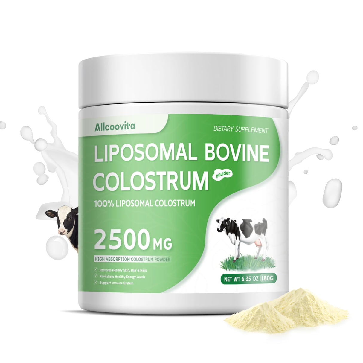 Liposomal Bovine Colostrum Powder - Pure Bovine Colostrum for Humans - Grass Fed Colostrum Supplement for Gut Support, Immune Health and Hair Growth,72 Servings per Bottle.180g/6.35 oz