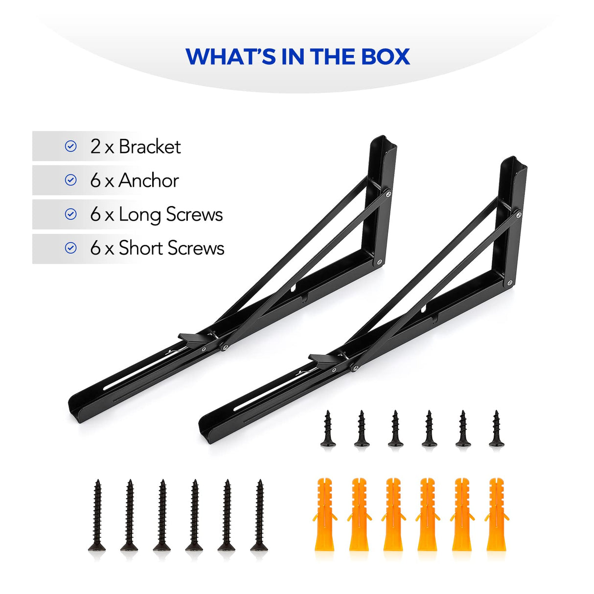 Ravinte 2 Pack 16 Inch Folding Shelf Brackets – Matte Black, Heavy Duty Collapsible Brackets for Tables and Benches – Space-Saving Design