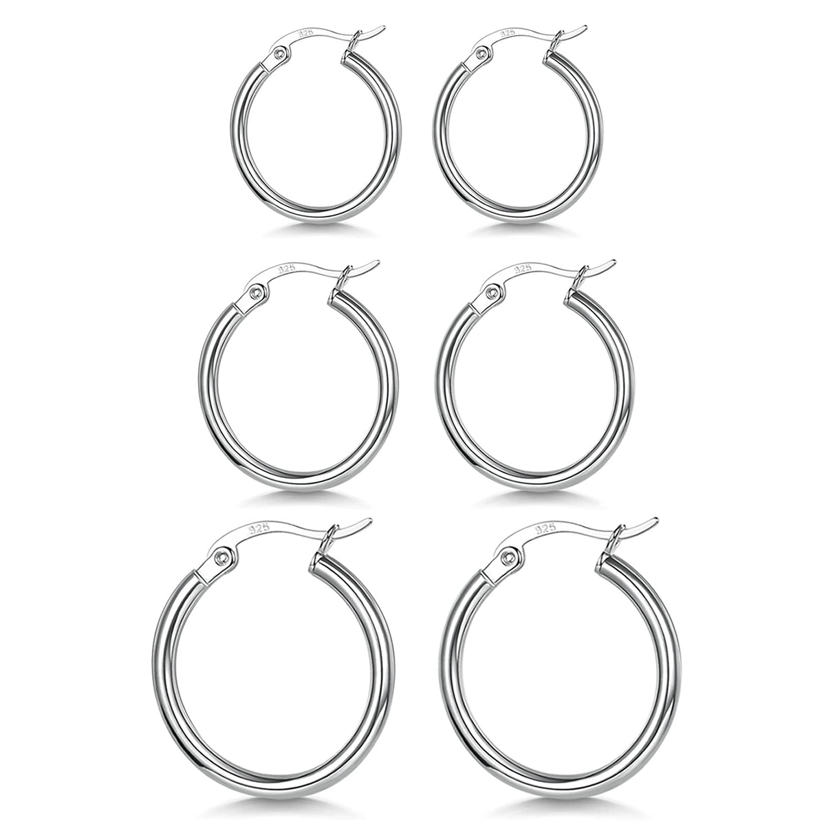 3 Pairs Sterling Silver Hoop Earrings Small Hoops for Women 15/20/25mm