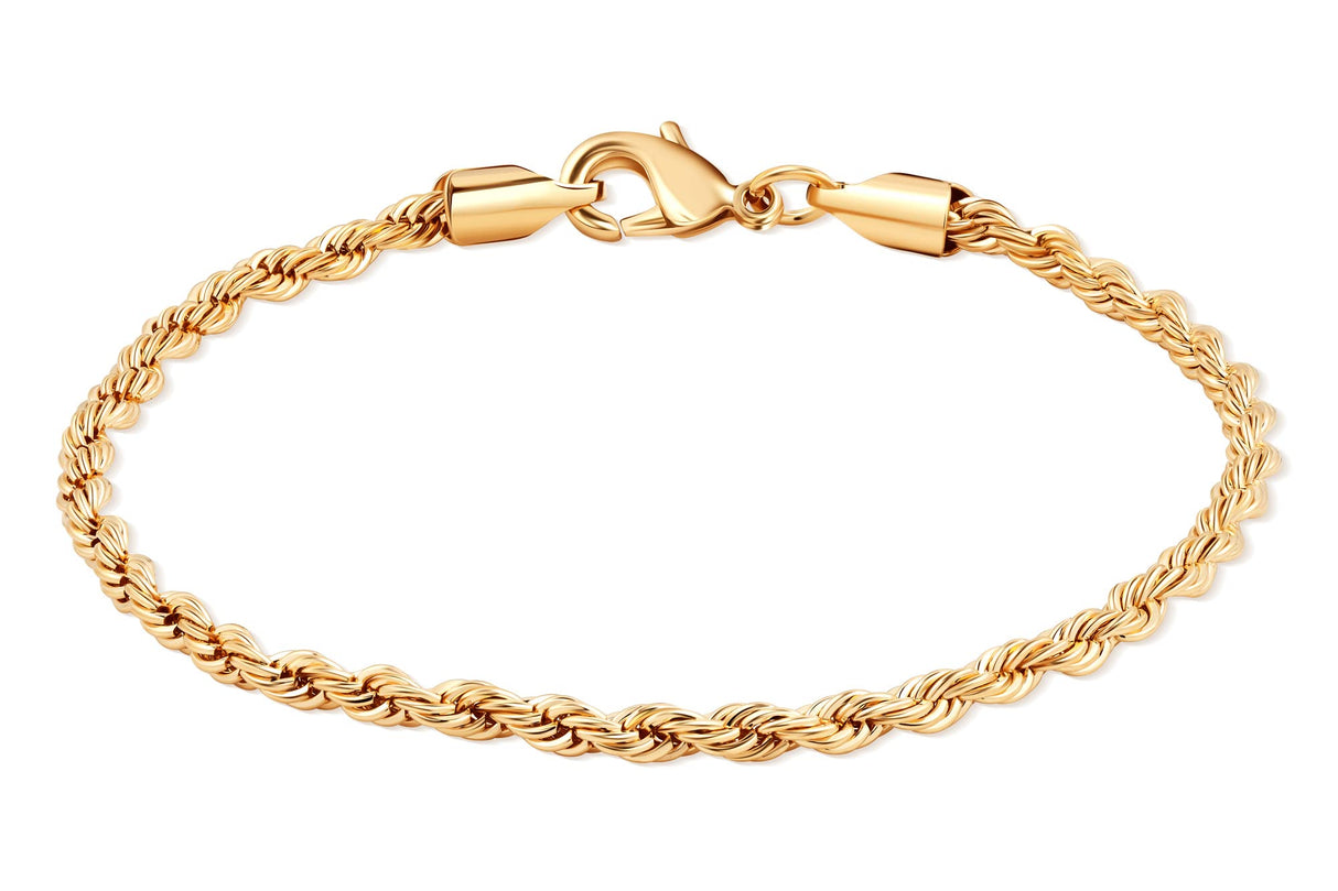 Barzel 18K Gold Plated 3MM Rope Chain Bracelet For Men & Women, Made in Brazil