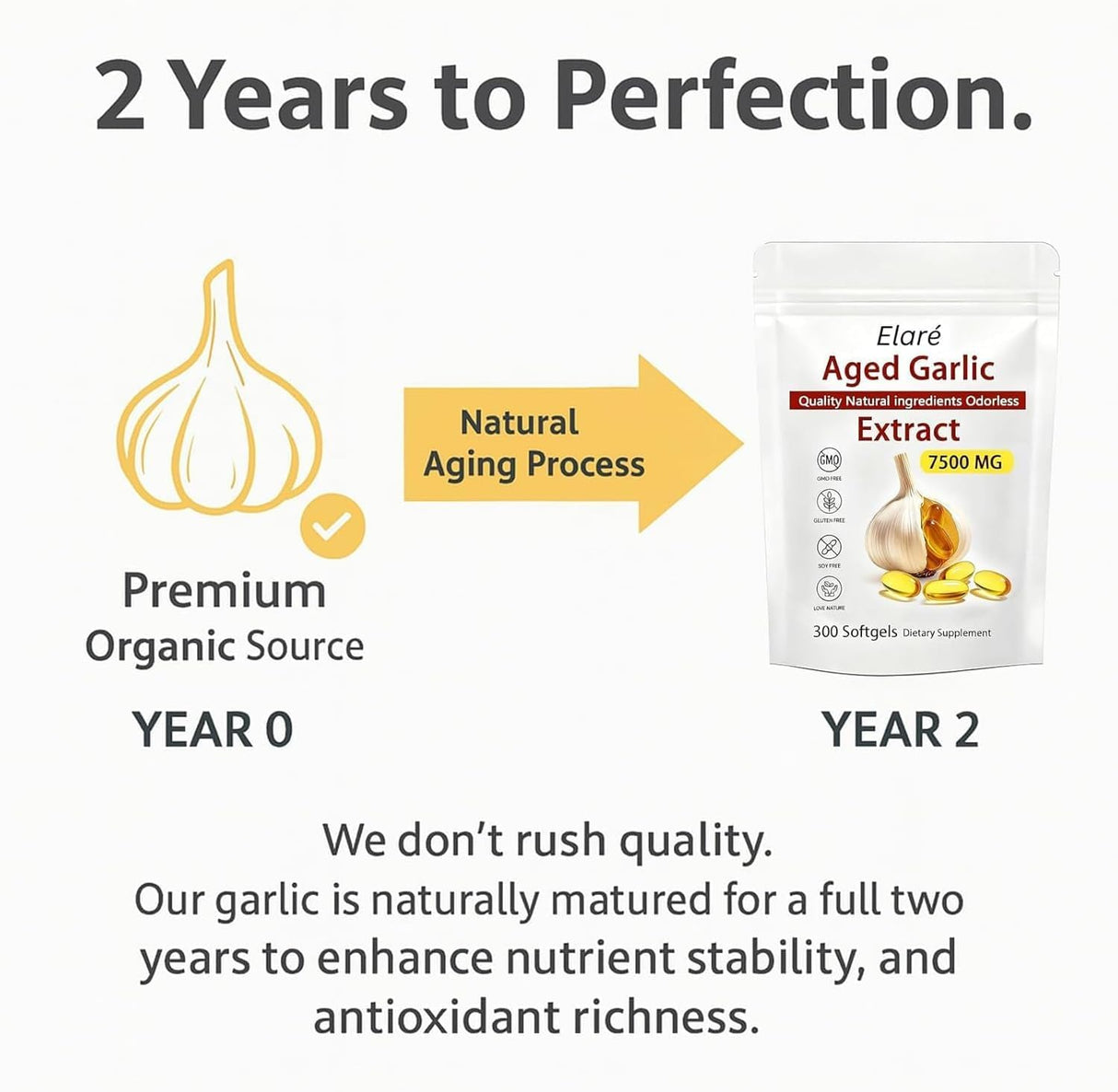 ELARE Aged Garlic Extract Capsules 7500 Odorless - 300 Count, Garlic Supplement, 2-Year Matured - for Heart & Immune Support, Non-GMO, Gluten-Free