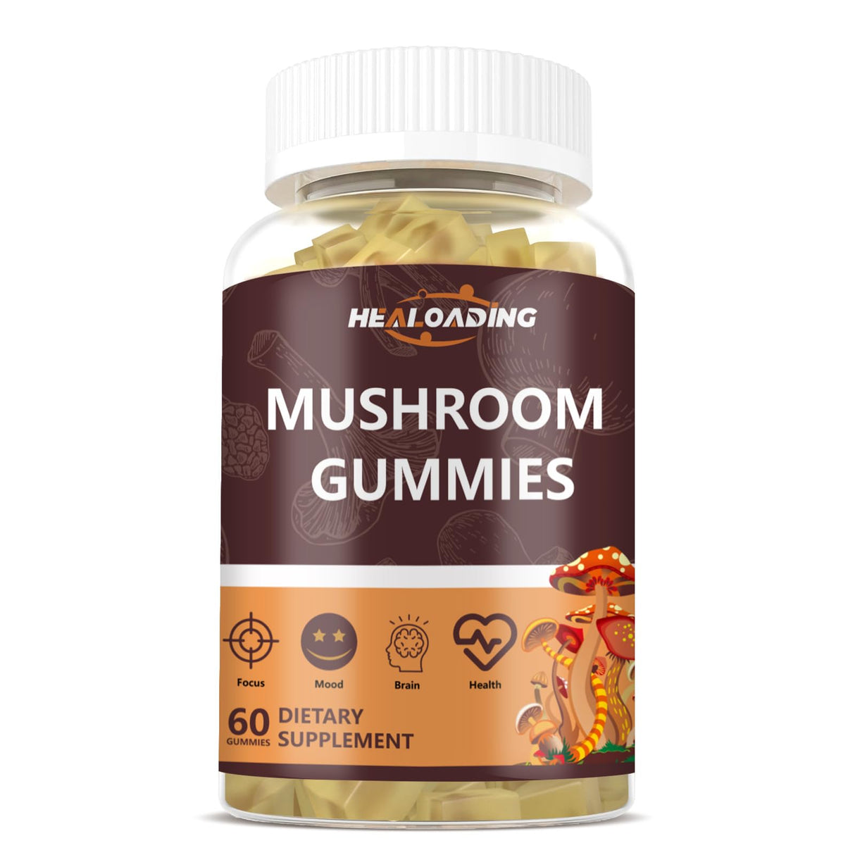 HEALOADING Mushroom Gummies with Lions Mane & Cordyceps | Brain Health, Immune Support & Memory Enhancement | Vegan Supplement with Vitamin D3, B6, B9, B12 | 60 Chewable Gummies