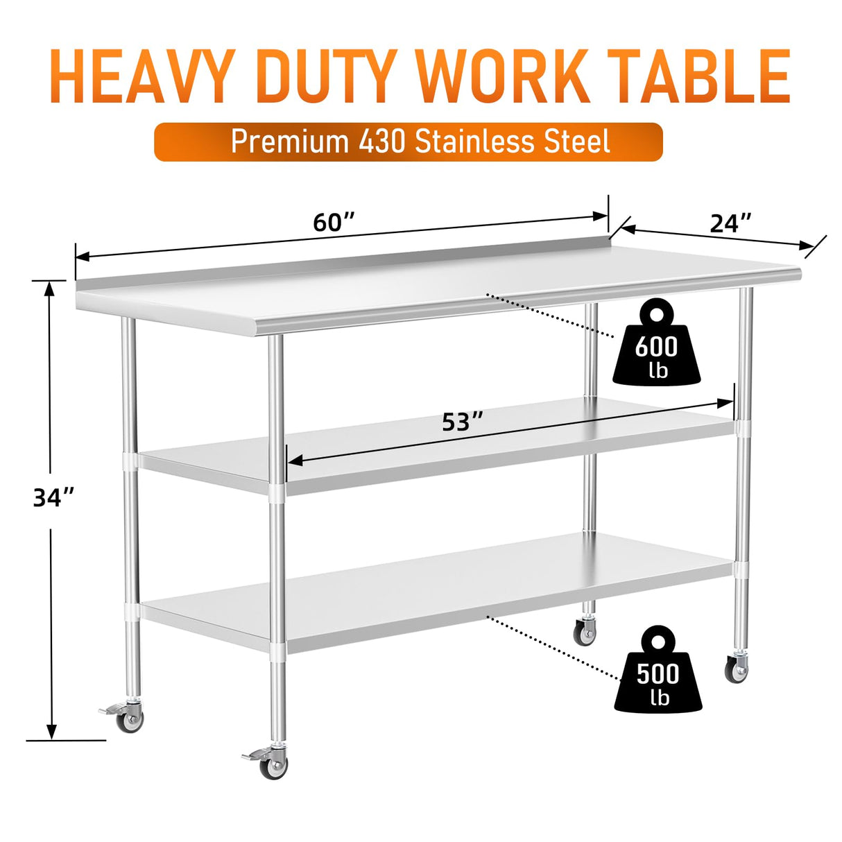 HOCCOT Stainless Steel Prep Table 24" X 60" with 2 Adjustable Undershelves, Backsplash and Wheels, Commercial Metal Workstations for Kitchen, Garage, Outdoor BBQ