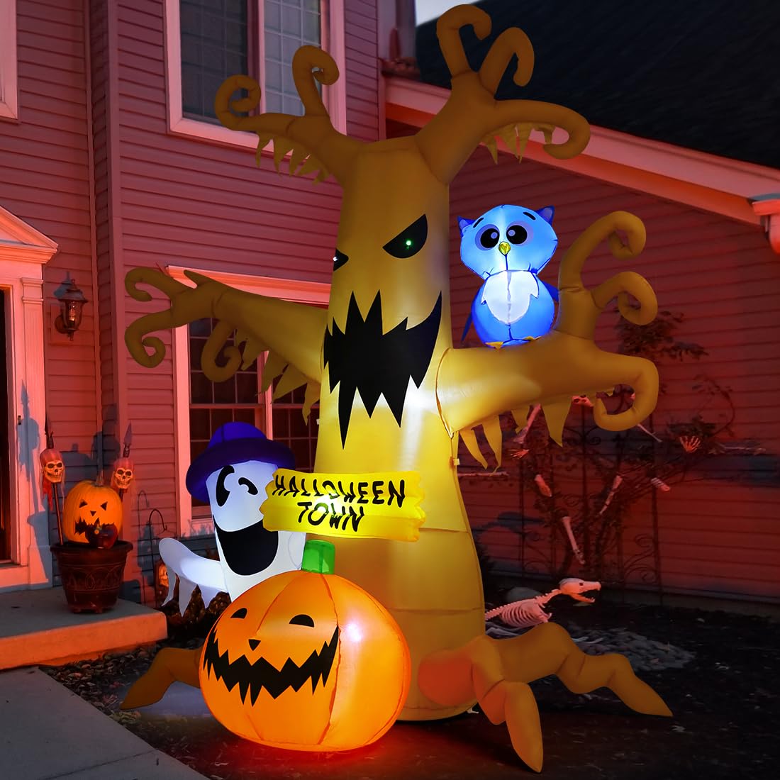 GOOSH 8 FT Halloween Inflatables Dead Tree Outdoor Decorations with Owl Ghosts and Pumpkins, Blow Up Yard Decorations with Built-in LED Lights for Outdoor Party Garden Lawn Decor