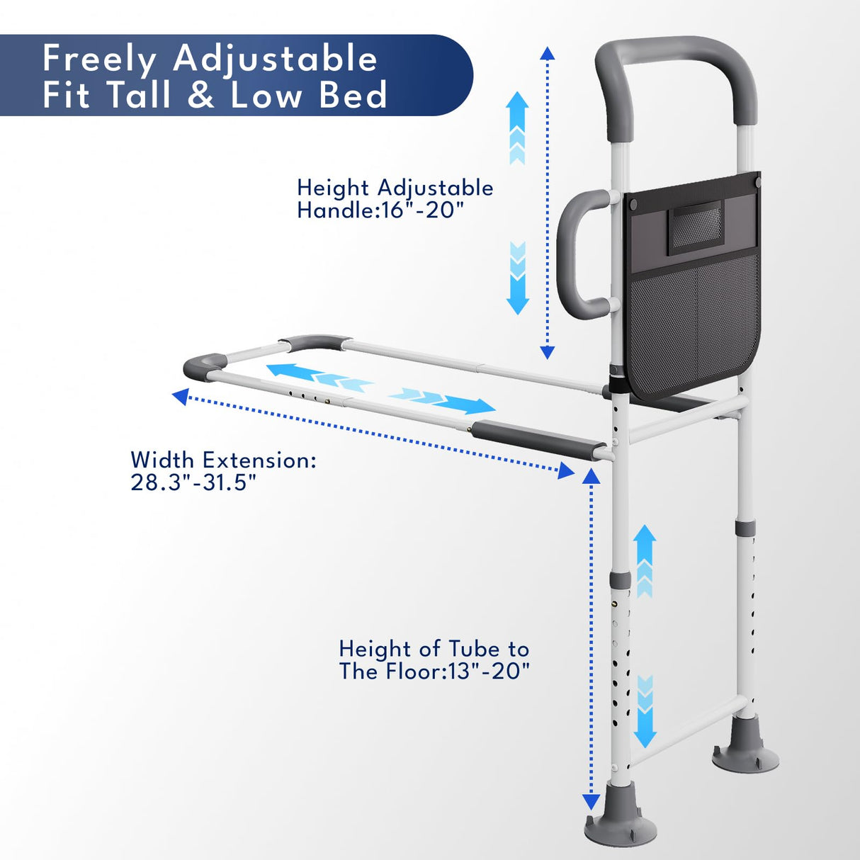 HOMEAL Bed Rails for Elderly Adults Safety - Height Adjustable Bedside Assist Rails for Seniors, Stable Bed Cane Guard Railings with Non-Slip Ergonomic Handle Bar and Storage Pocket (Grey)