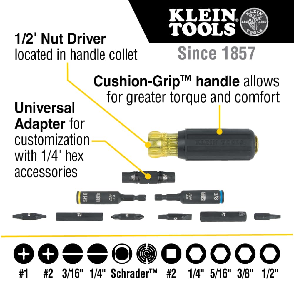 Klein Tools 32527HD KNECT 11-in-1 HVAC Multi-Bit Screwdriver / Nut Driver, Impact Rated with Phillips, Slotted, Square, and Schrader Bits