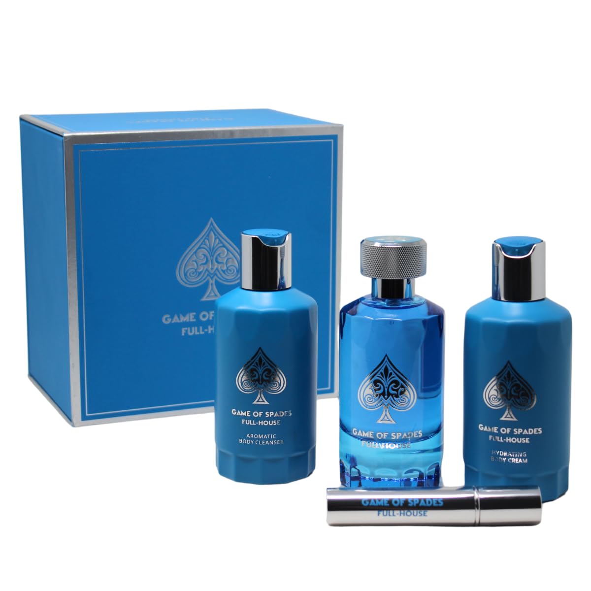 Jo Milano Game of Spades FULL-HOUSE 4PCS (3.4oz Parfum, 6.8oz Body Cleanser, 6.8oz Body Cream, 0.27 Oz Refillable Atomizer) - Unisex Whole Body Skin Care Set