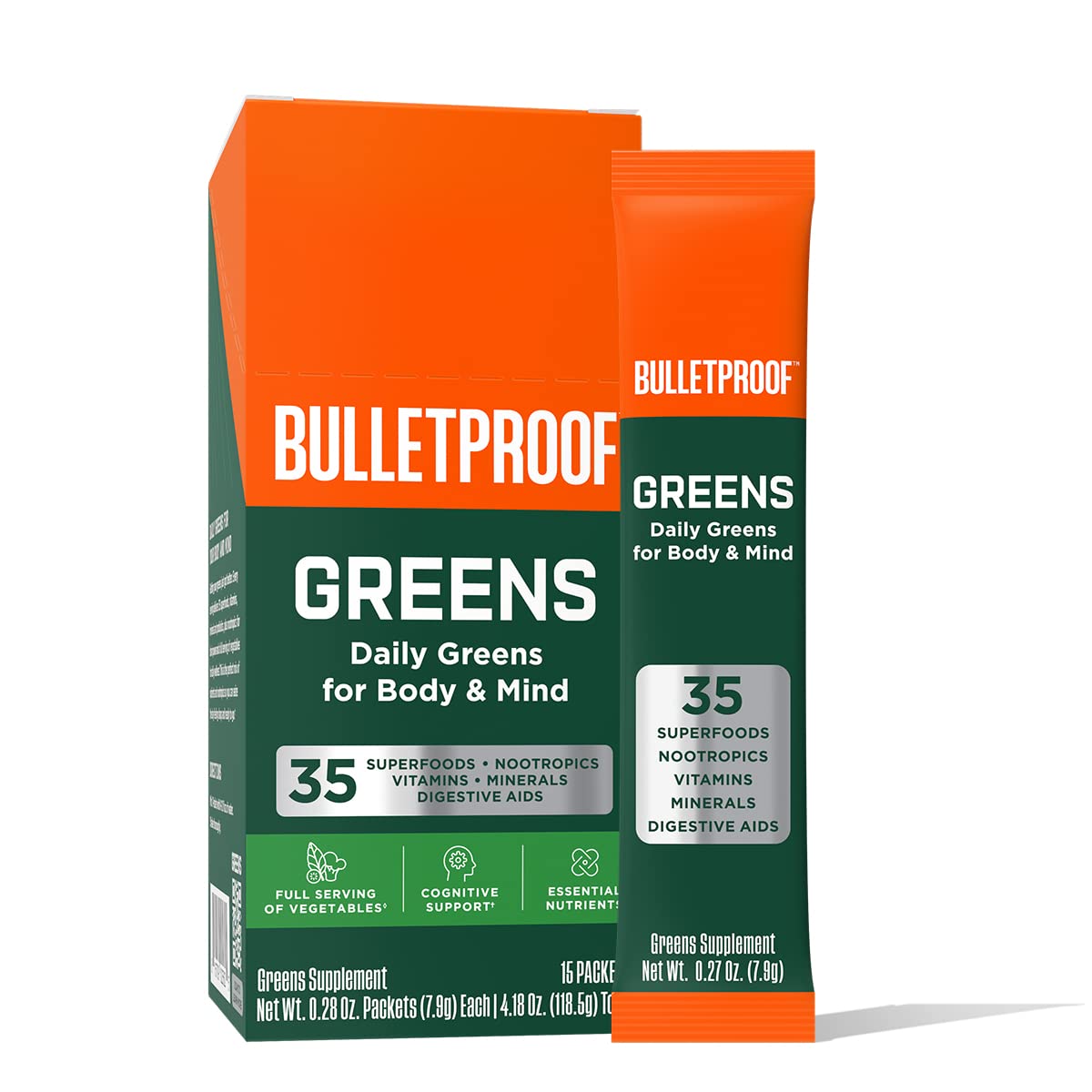 Bulletproof Greens Packets, 15 Count, Daily Greens Powder with Superfoods and Nootropics, Full Serving of Vegetables, Essential Nutrients
