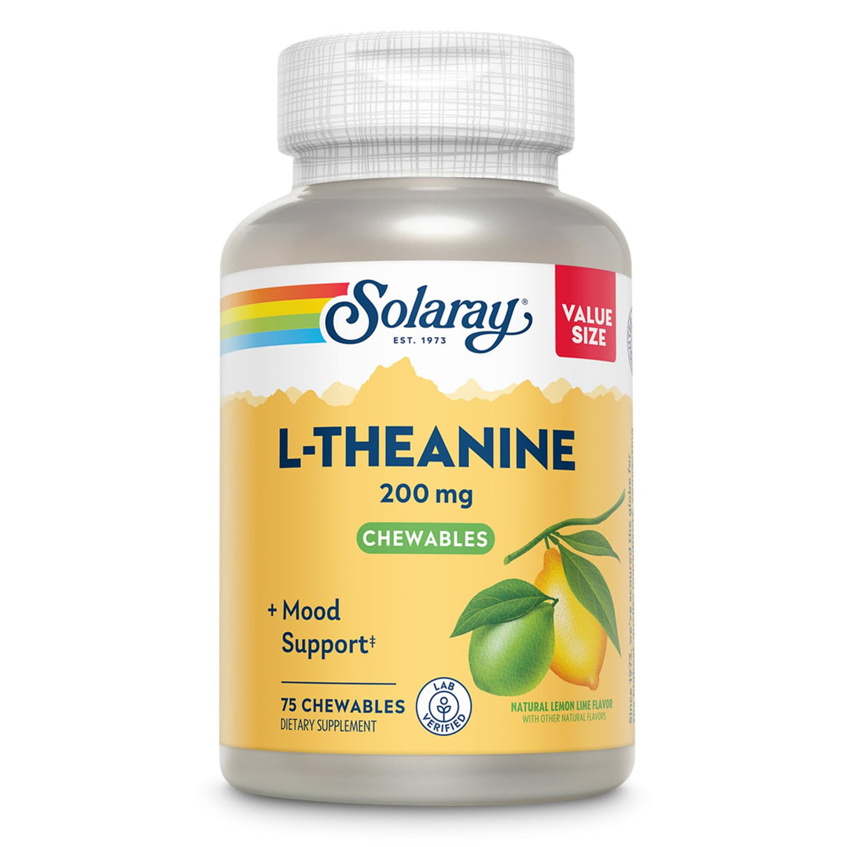 SOLARAY L Theanine 200mg, Mood Support Supplement with Vitamin B6 - Calming Support During Occasional Stress - Natural Lemon Lime Flavor - 60-Day Guarantee, Lab Verified - 75 Servings, 75 Chewables
