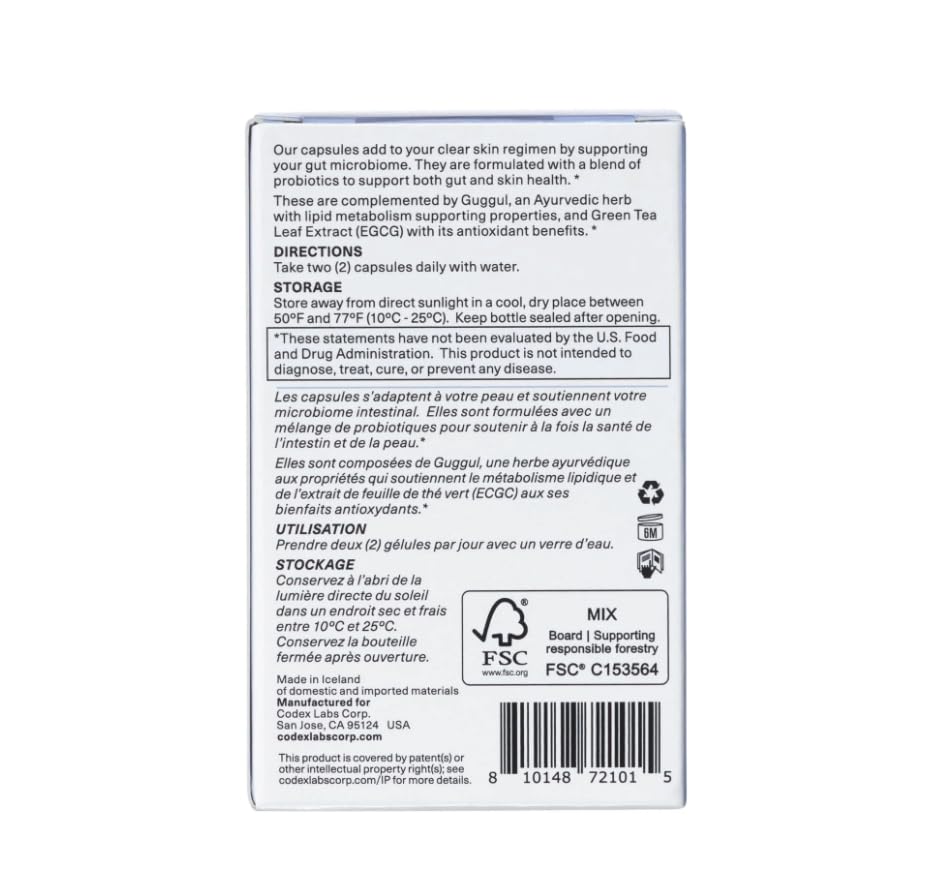 Codex Labs Shaant Clear Skin Supplement – 60 Vegan Capsules | Acne Probiotics with 9-Strain Blend, Green Tea EGCG & Guggul – Daily Support for Acne-Prone Skin & Clear Complexion