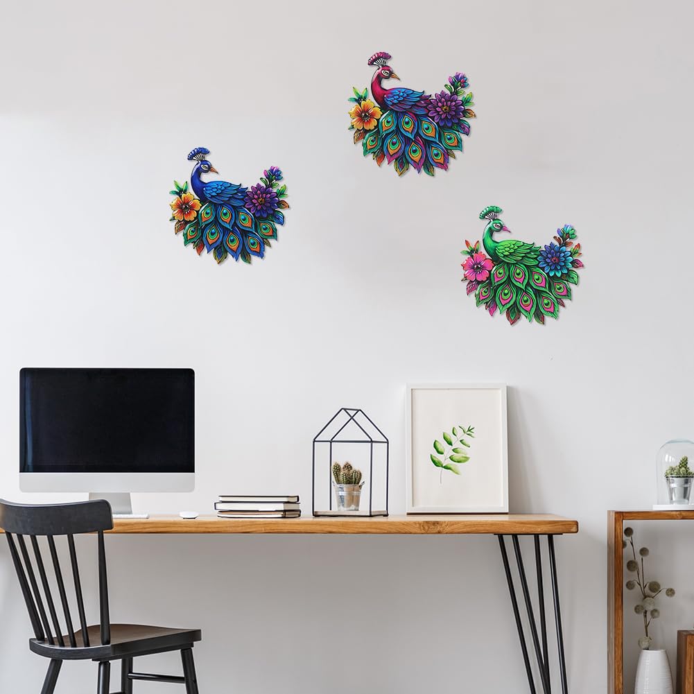 dreamskip 3 Piece Metal Peacock Wall Decor, Iron Tropical Peacocks Wall Art, Outdoor Metal Birds Garden Wall Decors Sculptures for Patio Fence Living Room Housewarming Gifts