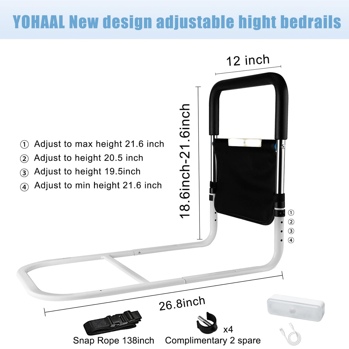 YOLAAH 30cm Width Bed Assist Rails for Elderly Adults Safety - Bed Side Rail Fall Prevention Guard for Seniors Height Adjustable Fits Medical Bed,Queen,Twin,King,Full Bed