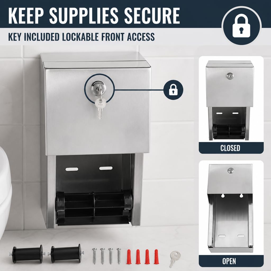Stylever Commercial Toilet Paper Dispenser - 304 Stainless Steel Double Roll Holder - Heavy Duty Lockable Wall Mount Tissue Dispenser for Restroom - Metal Bathroom Fixtures