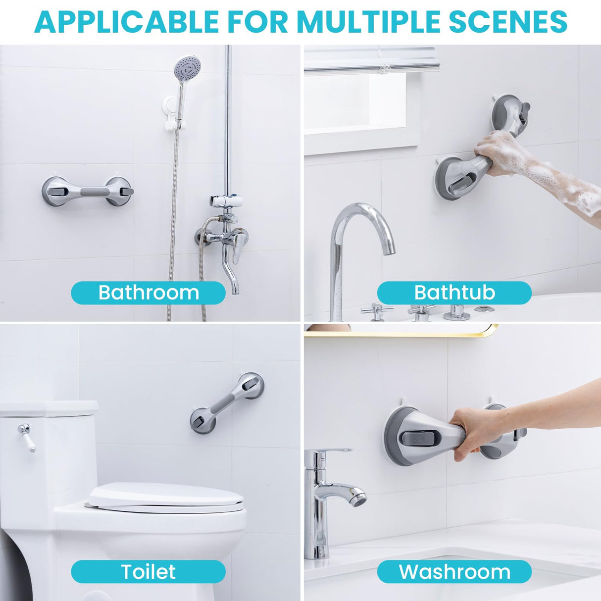 TAILI Shower Handles for Elderly Suction, 2 Pack 12 Inch Shower Grab Bars for Seniors, Grab Bars for Bathtubs and Showers, No Drilling Removable Safety Shower Grip, Silver