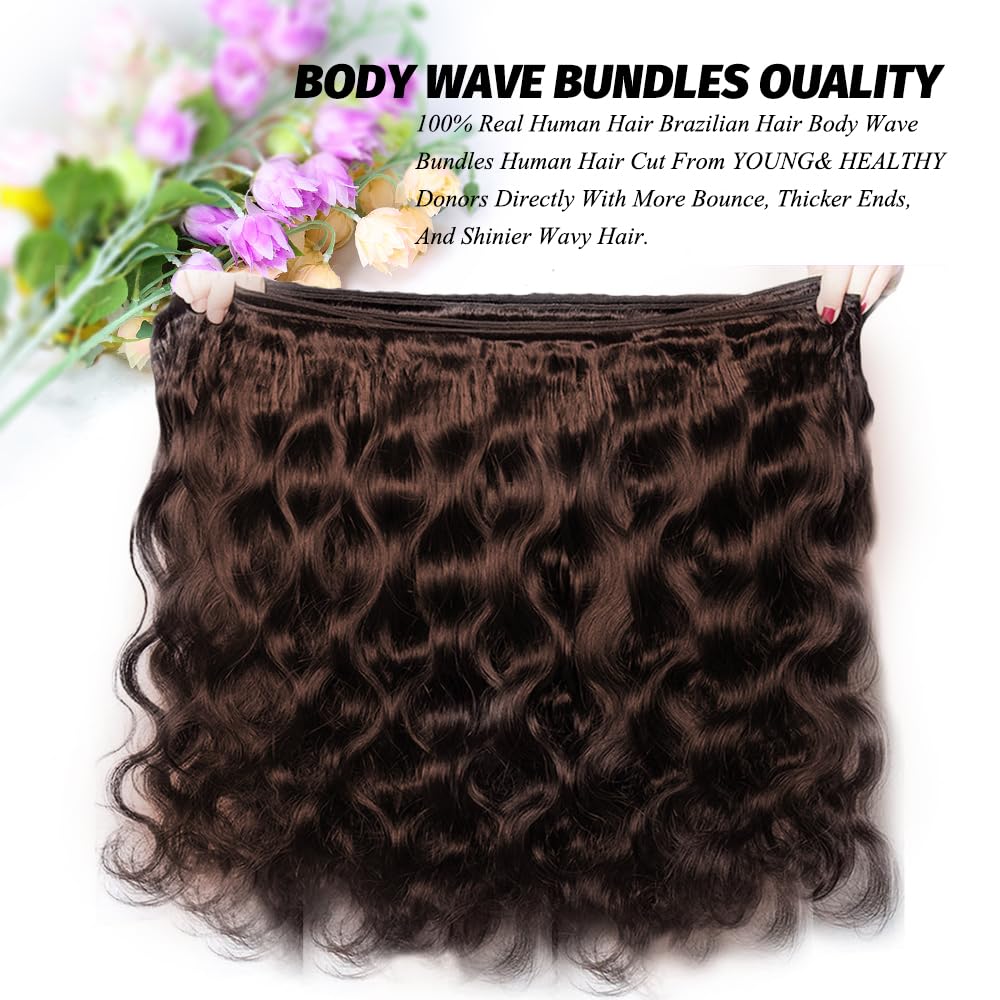 ALLRUN Brown Body Wave Bundles Human Hair 16 18 20 Inch Light Brown Hair Bundles Body Wave 12A 100% Unprocessed Brazilian Virgin Hair Chocolate Color Human Hair Extension Color 4#