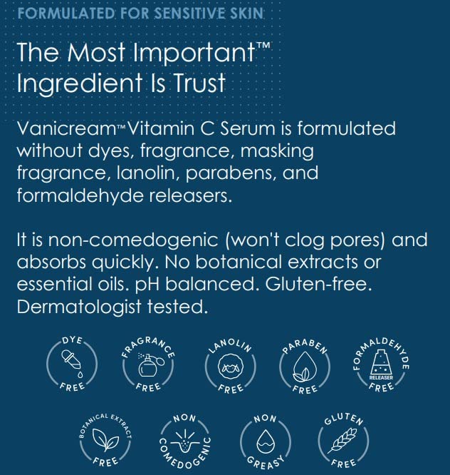 VANICREAM Vitamin C Serum - Free of Dyes, Fragrance, Masking Fragrance, Lanolin, Parabens & Formaldehyde Releasers - For Sensitive Skin - 1.2 Fl Oz