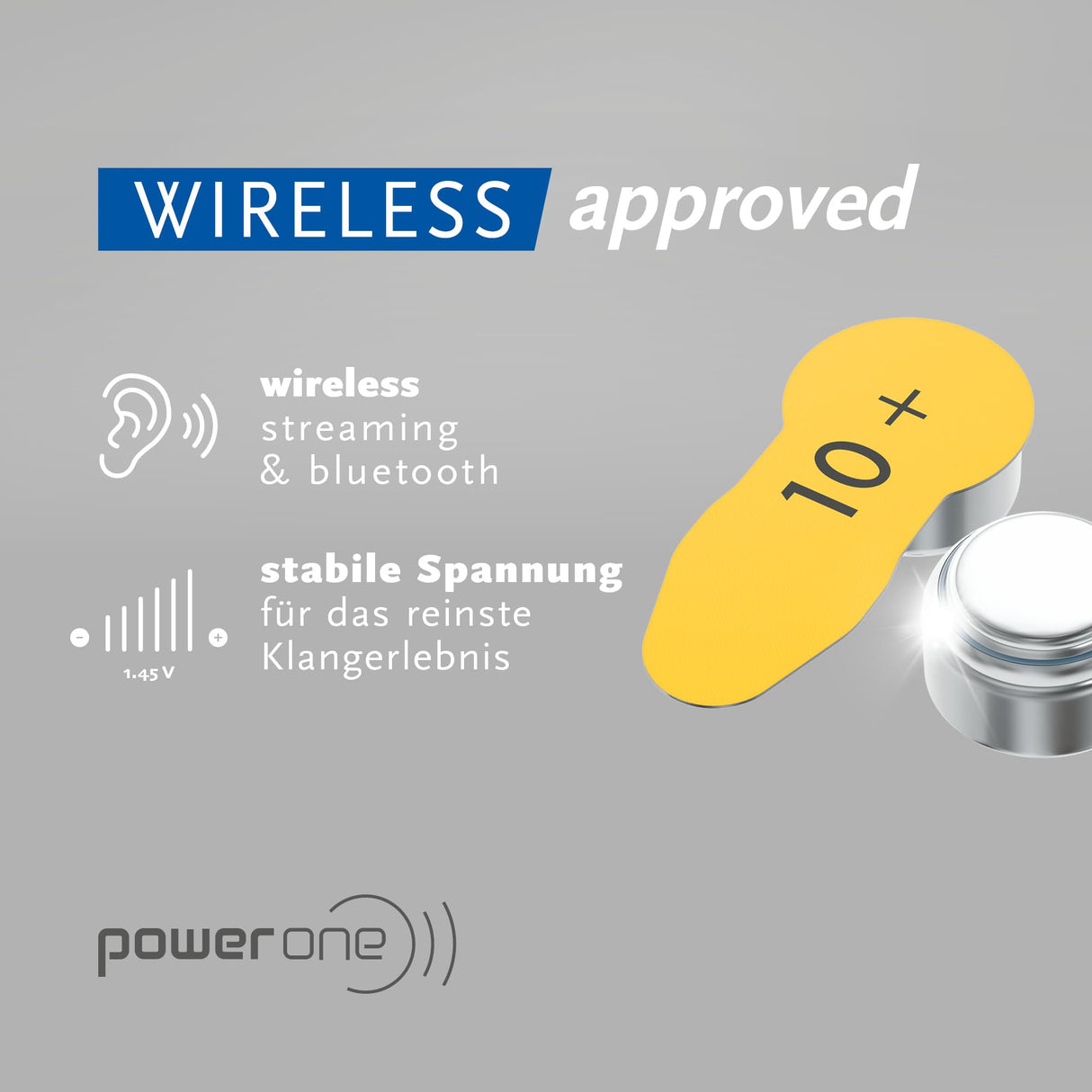 Power one Hörgerätebatterien Typ 10 gelb, Batterien 60 Stück Vorratspack, wireless approved, Größe p10 für Hörgeräte und Hörhilfen, high hearing level, quecksilberfrei, Made in Germany