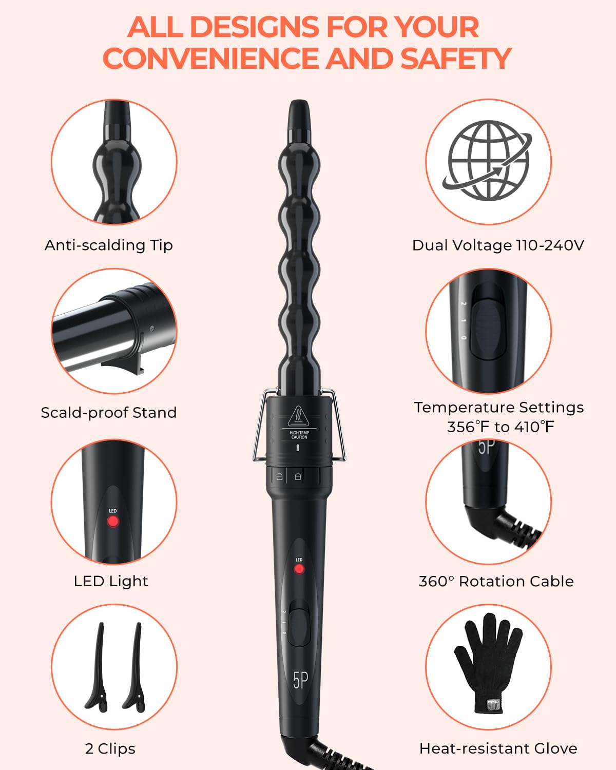 5 in 1 Curling Wand Set: Ohuhu Curling Iron Wand 5Pcs 0.35 to 1.25 Inch Interchangeable Ceramic Barrel Heat Protective Glove 2 Clips Dual Voltage Hair Curler for Girl Women Mother Christmas Gift Black