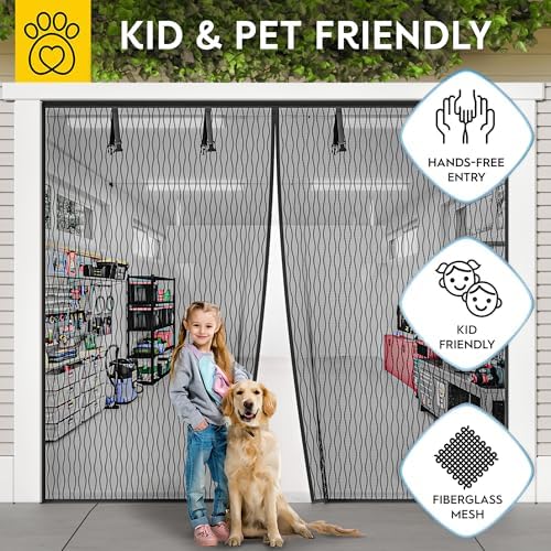 AUGO Garage Door Screen Magnetic Closure - Garage Screen Doors for 1 Car Garage Pull Down - Magnetic Screen Door Mesh - Heavy Duty Weighted Bottom- Pet & Kid Friendly - Keep Open Feature - 8' x 7'