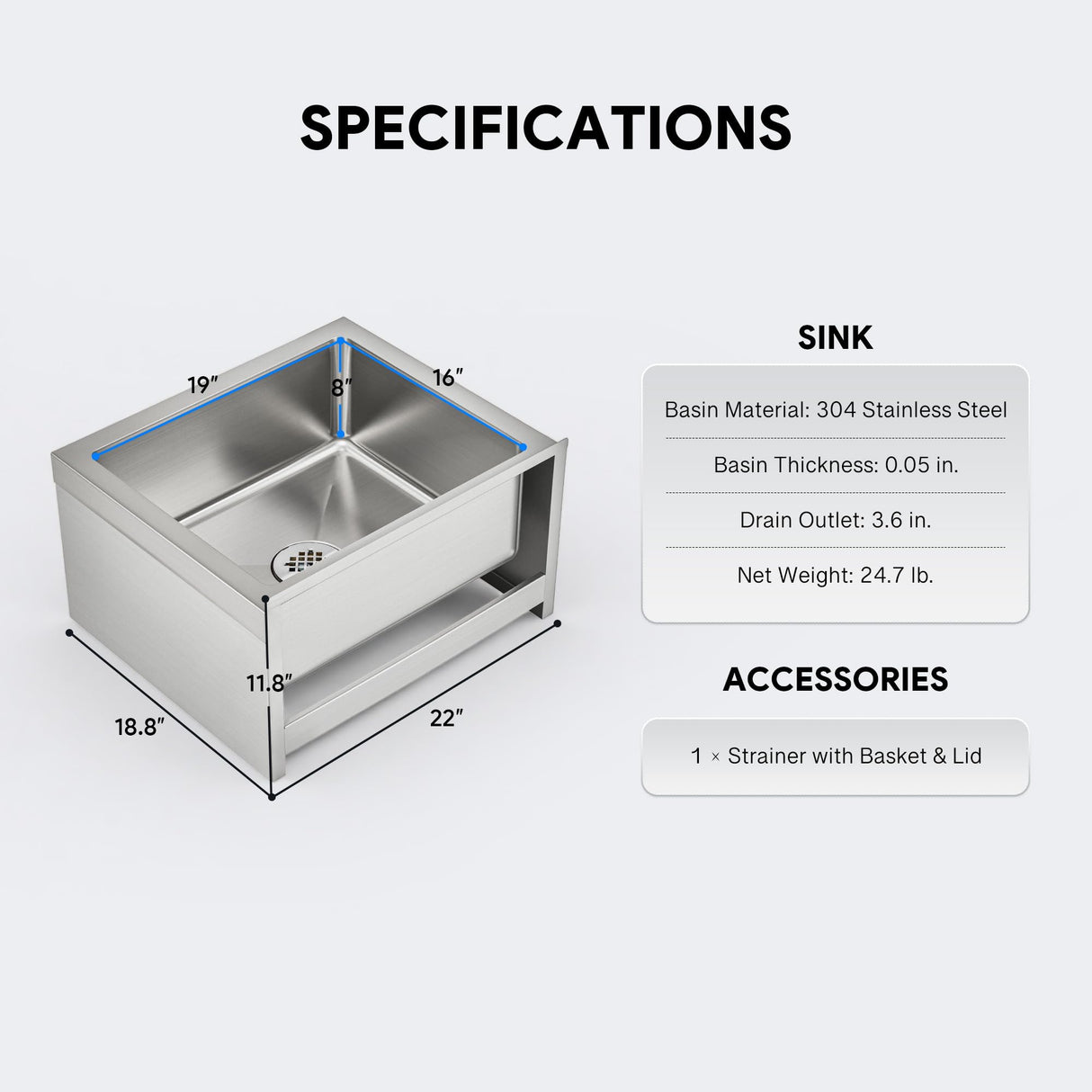 WILPREP Commercial Mop Sink, 19x16x8 Inch 304 Stainless Steel Utility Sink with Strainer & X-Shaped Floor Guides for Kitchen Laundry Garage Pet Salon