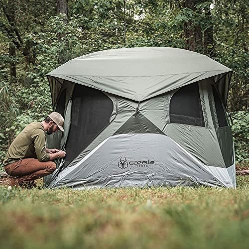 Gazelle Tents™ T4 Hub Tent, Easy 90 Second Set-Up, Waterproof, UV Resistant, Removable Floor, Ample Storage Options, 4-Person, Alpine Green, 78" x 94" x 94", GT400GR