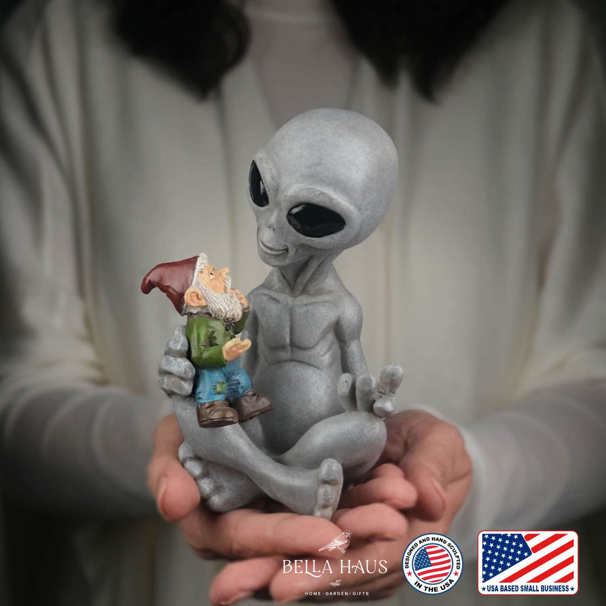 BELLA HAUS DESIGN Andre' & Fritz Friendship Stories Alien and Gnome Garden Statue | Poly-Resin 6.5" h x 4" w x 3.5" d Outdoor Décor (Stories - Garden Statue)