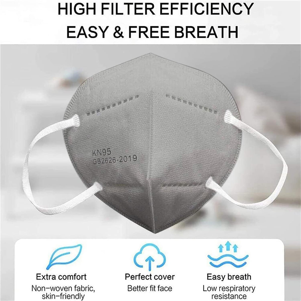 LEMENT 50PCS KN95 Face Mask 5 Layer Cup Dust Safety Masks Breathable Elastic Ear Loops Grey Masks