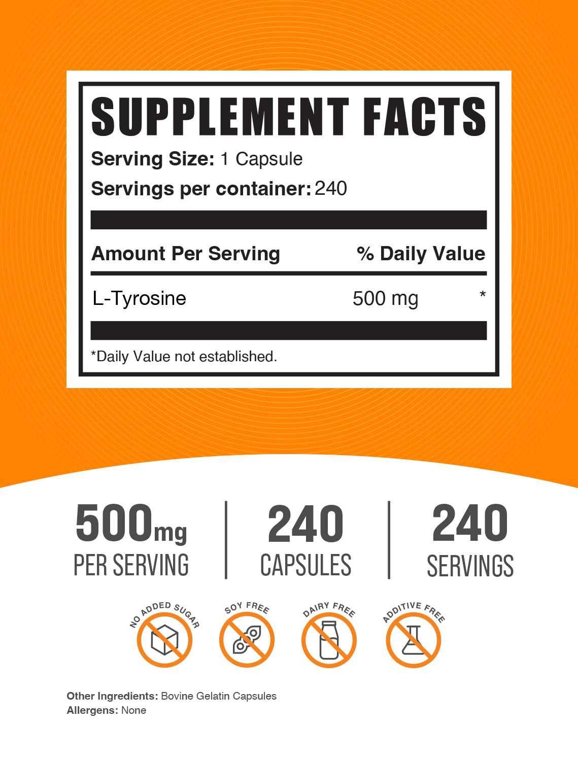 BulkSupplements.com L-Tyrosine 500mg Capsules - Tyrosine Supplement, Amino Acid Supplement - Gluten Free, 1 Capsule per Serving, 240 Capsules (Pack of 1)