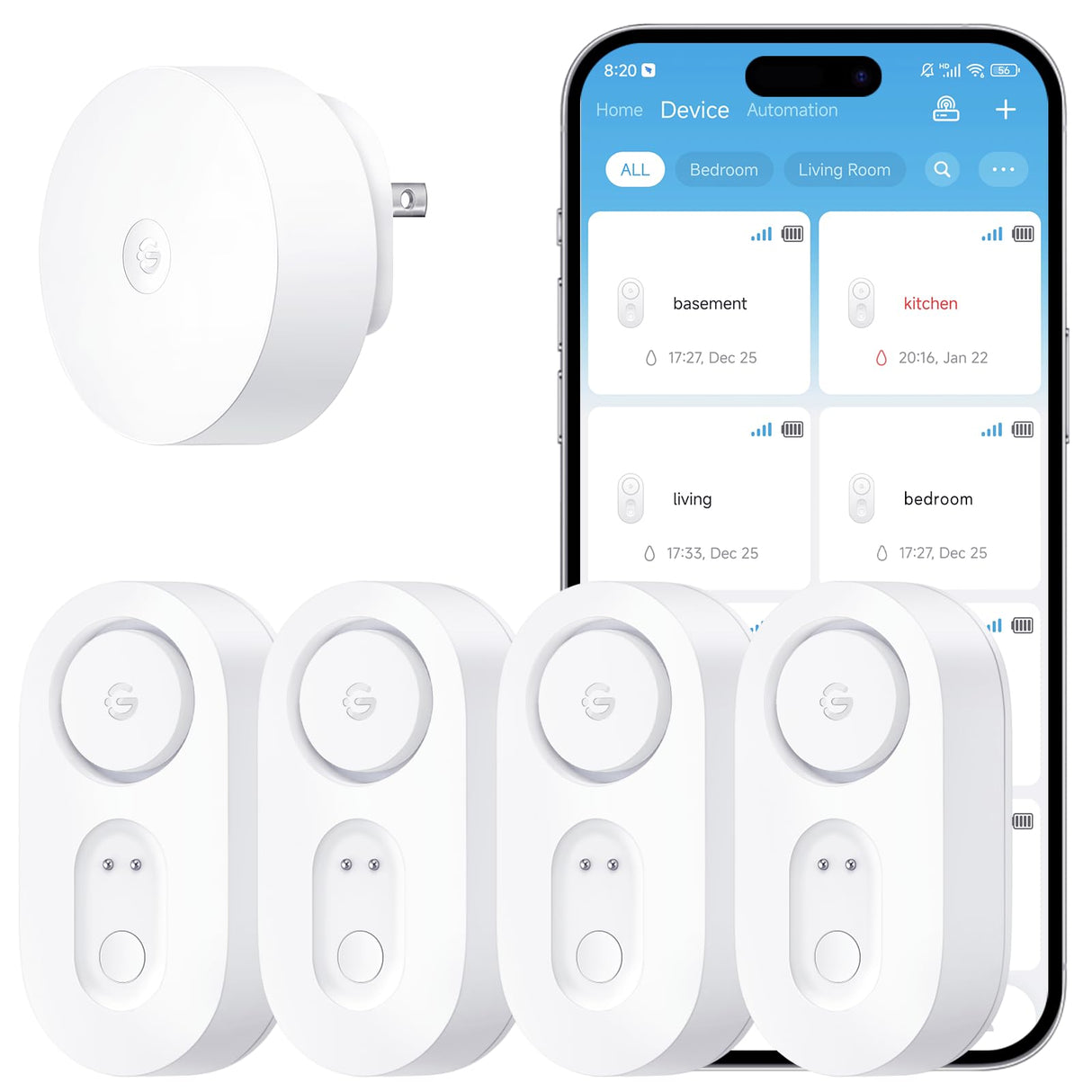 GoveeLife Upgraded Smart Water Leak Detector 1s with 1804 ft Ultra-Long Range, WiFi Water Sensor with SMS/Email/APP Push and Sound Alarm, 5-Year Battery Life, Suit for Home, Basement, Kitchen, 4 Pack