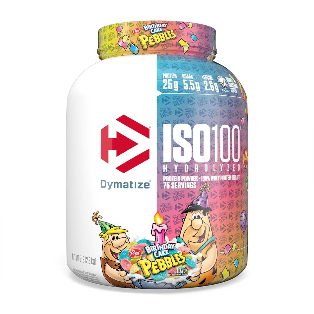 Dymatize ISO100 Whey Protein Powder Isolate, Birthday Cake, 25g of Protein, 5 Pound, 5.5g BCAAs, Less Than 120 Cal., Gluten Free, 1g Fat, 1g Sugar, 2g Carb (75 Servings)