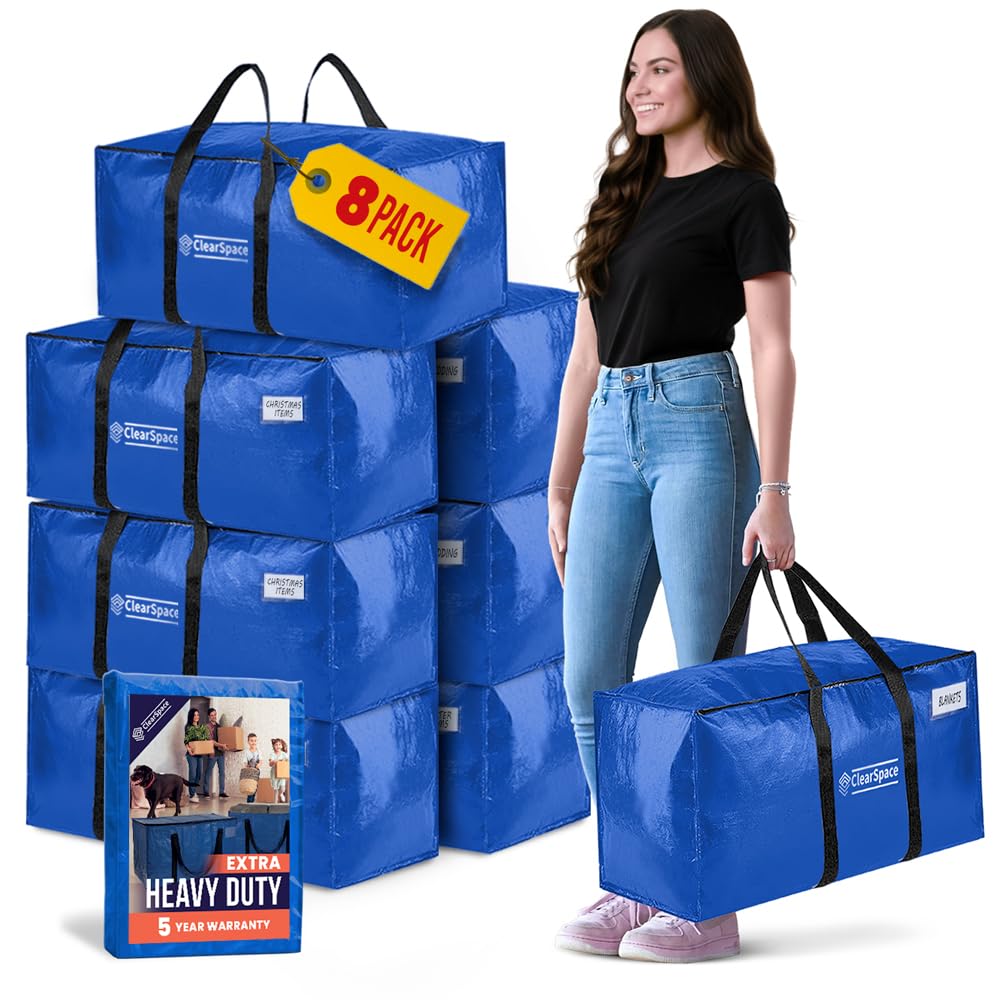 ClearSpace Heavy Duty Moving Bags or Storage Bag – Large Moving Boxes with Backpack Straps, Zippers & Handles – Perfect for Moving, College Dorm, Traveling, Camping, Christmas Decorations, 8 Pack