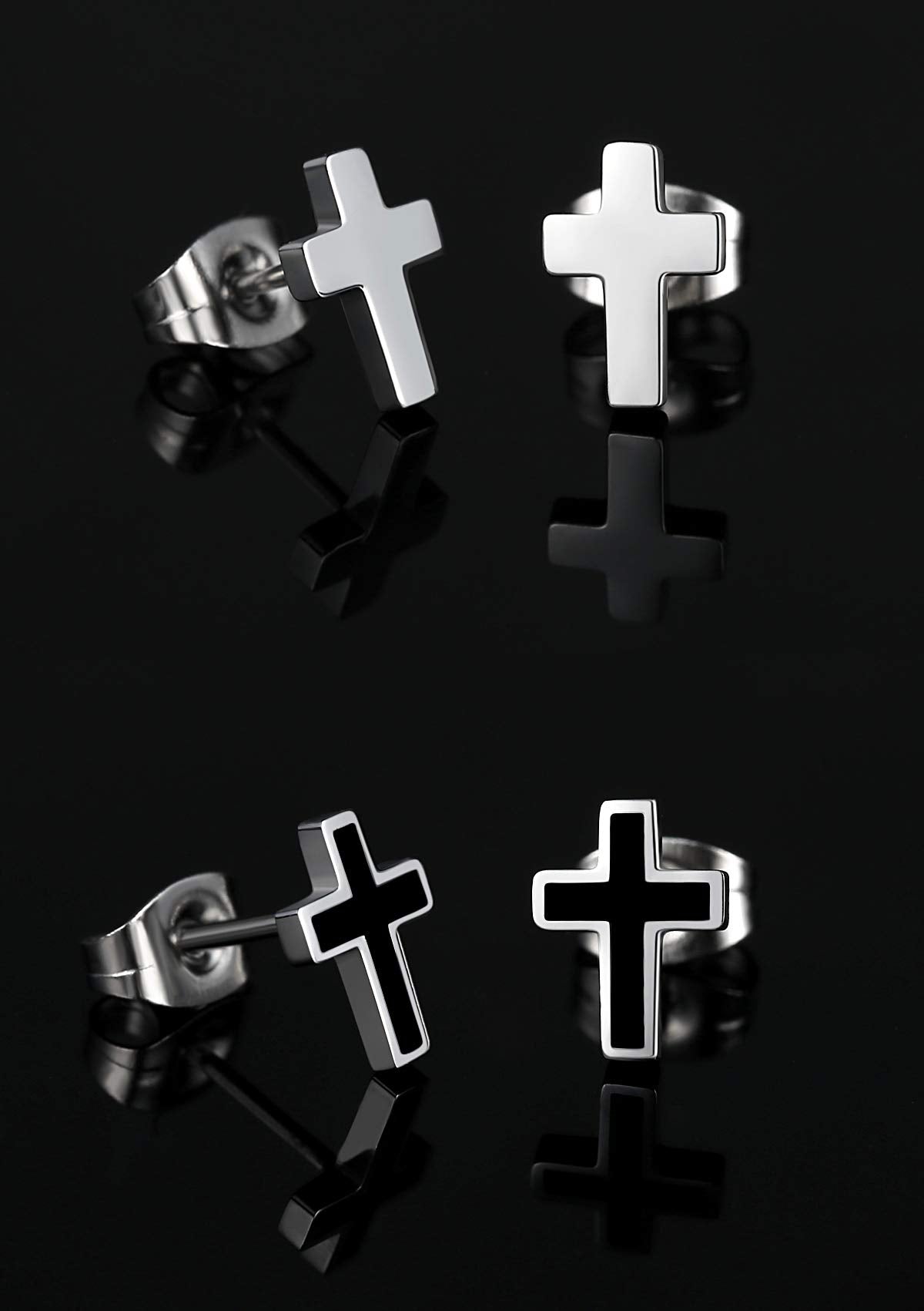 REVEMCN 3-Pair Cross Earrings for Men & Women, Stainless Steel & 925 Silver