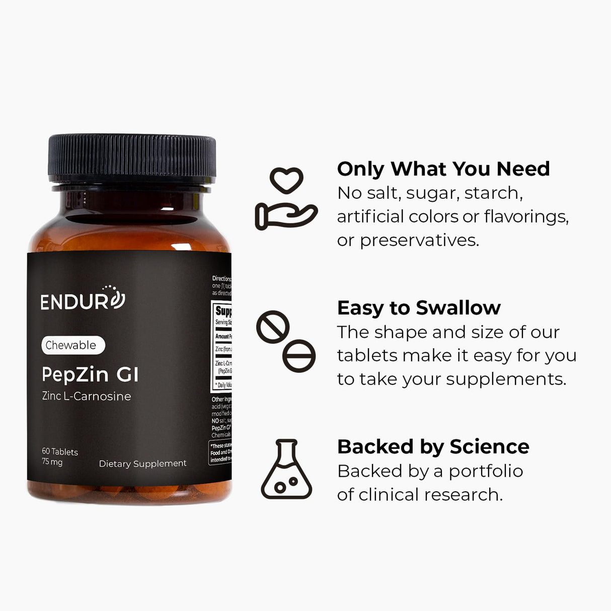 Endur PepZinGI ZINC-CARNOSINE Chewables, Helps Support Your Digestive System for Comfortable Digesting, Gluten Free, 60 Tablets