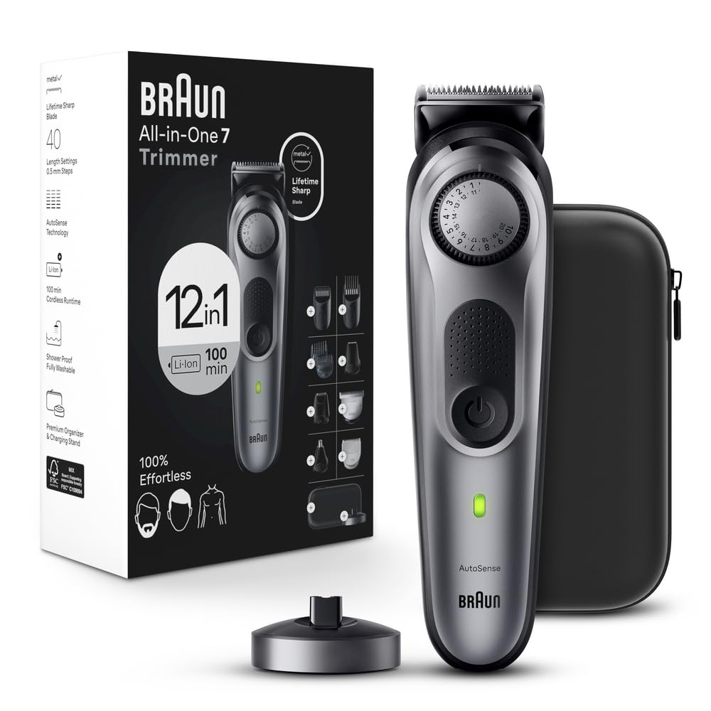 Braun All-in-One Men's Shaving Kit Series 7 7440, 12-in-1 Beard, Face, Nose, Ear Trimmer, Hair Clippers, Body Groomer and Manscaping