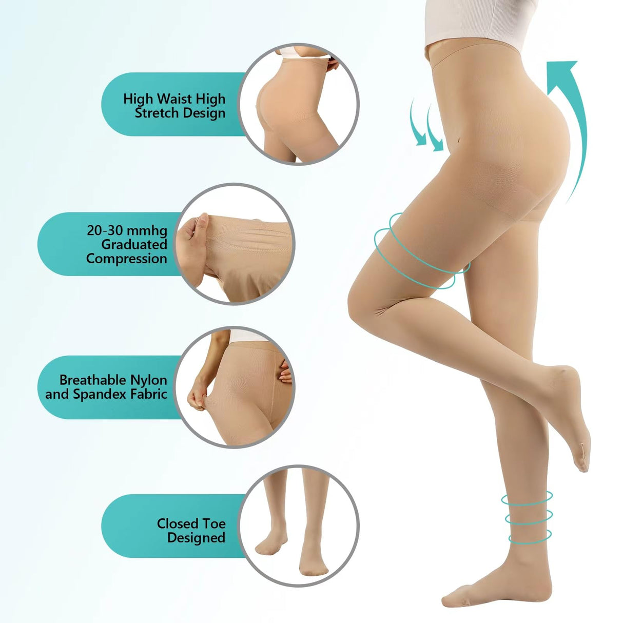 Orgood Compression Pantyhose for Women, 20-30mmHg Graduated Compression Stockings & Leggings, Closed Toe Support Hose Tights for Varicose Veins, Edema, Flight, DVT