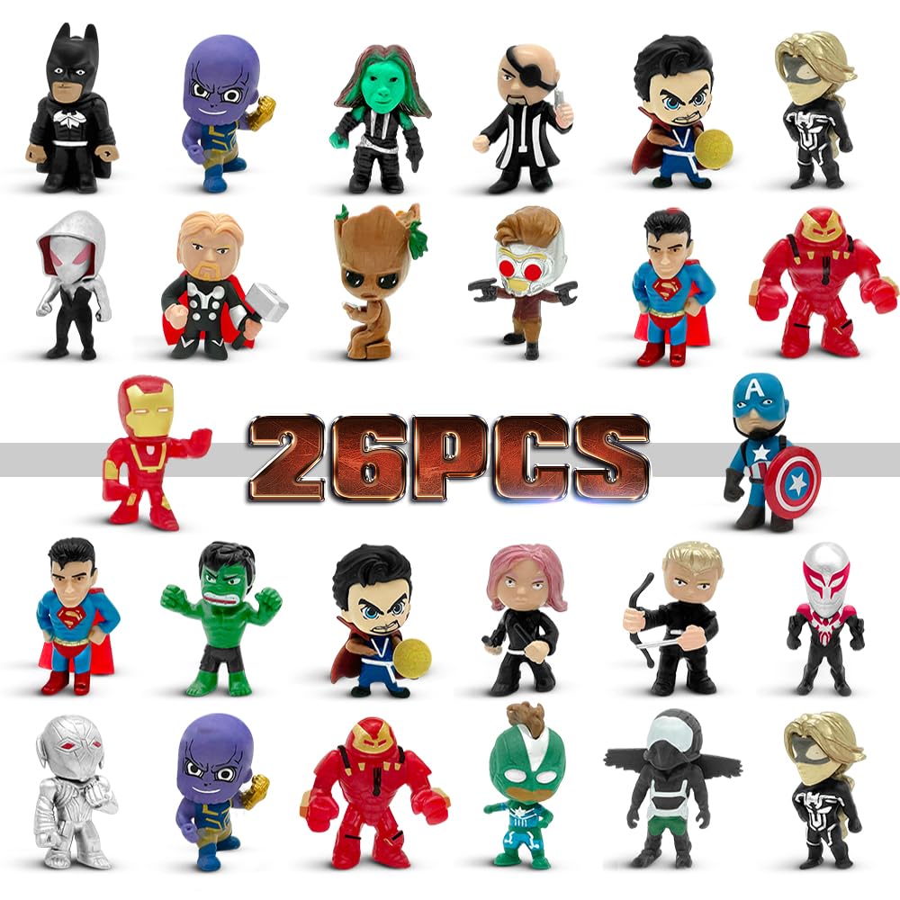 DLOCVN Mini Superhero Toys, 26PCS Minifigures Small Action Figures Superhero Party Birthday Decorations for Kids’ Christmas Stocking, Easter Eggs Cake Toppers Collectibles