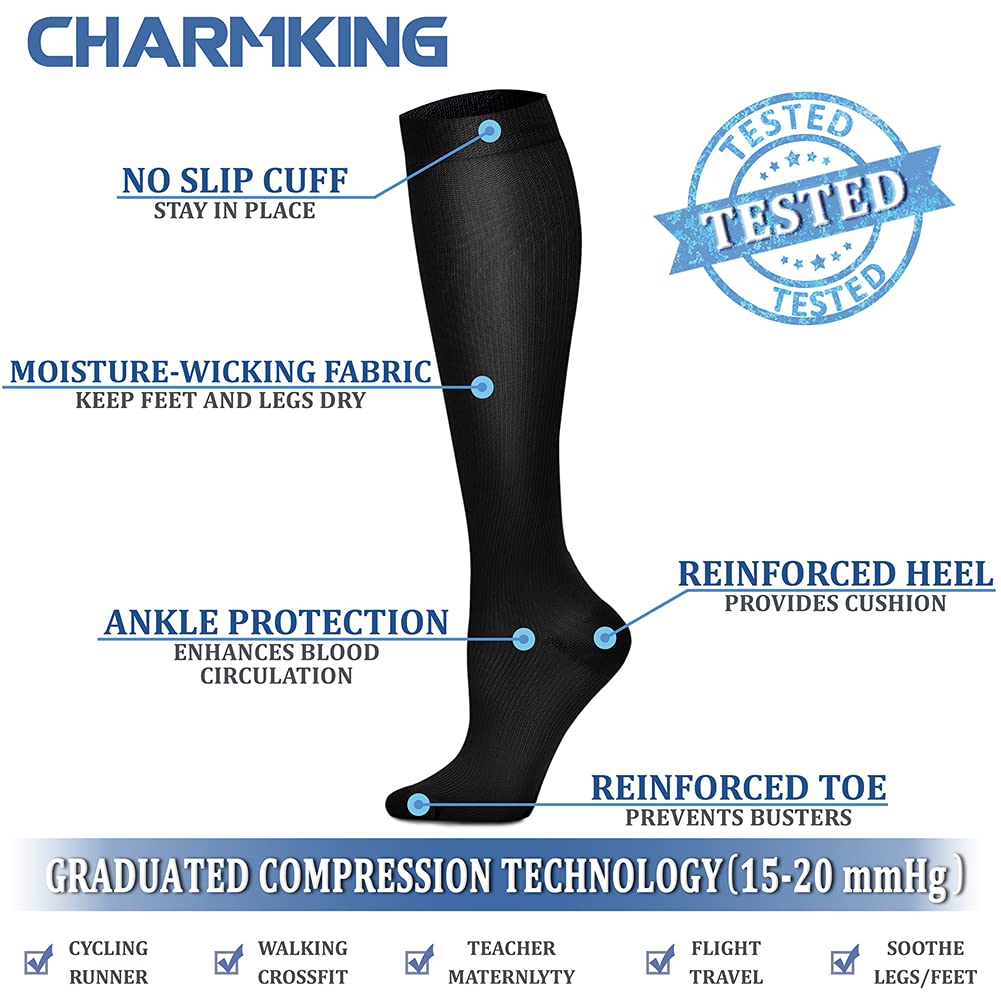 CHARMKING Compression Socks for Women & Men (8 Pairs) 15-20 mmHg Graduated Copper Support Socks are Best for Pregnant, Nurses - Boost Performance, Circulation, Knee High & Wide Calf (L/XL, Multi 01)