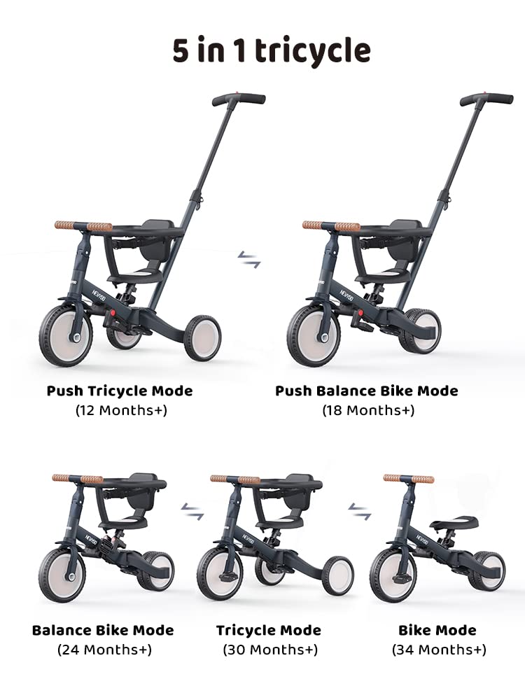 newyoo TR008 Tricycle for Toddlers 1-3, 5 in 1 Baby Balance Bike, Christmas and Birthday Gift for Boy and Girl, Toddler Bike with Parent Push Handle & Safety Guard, Dark Gray, TR008