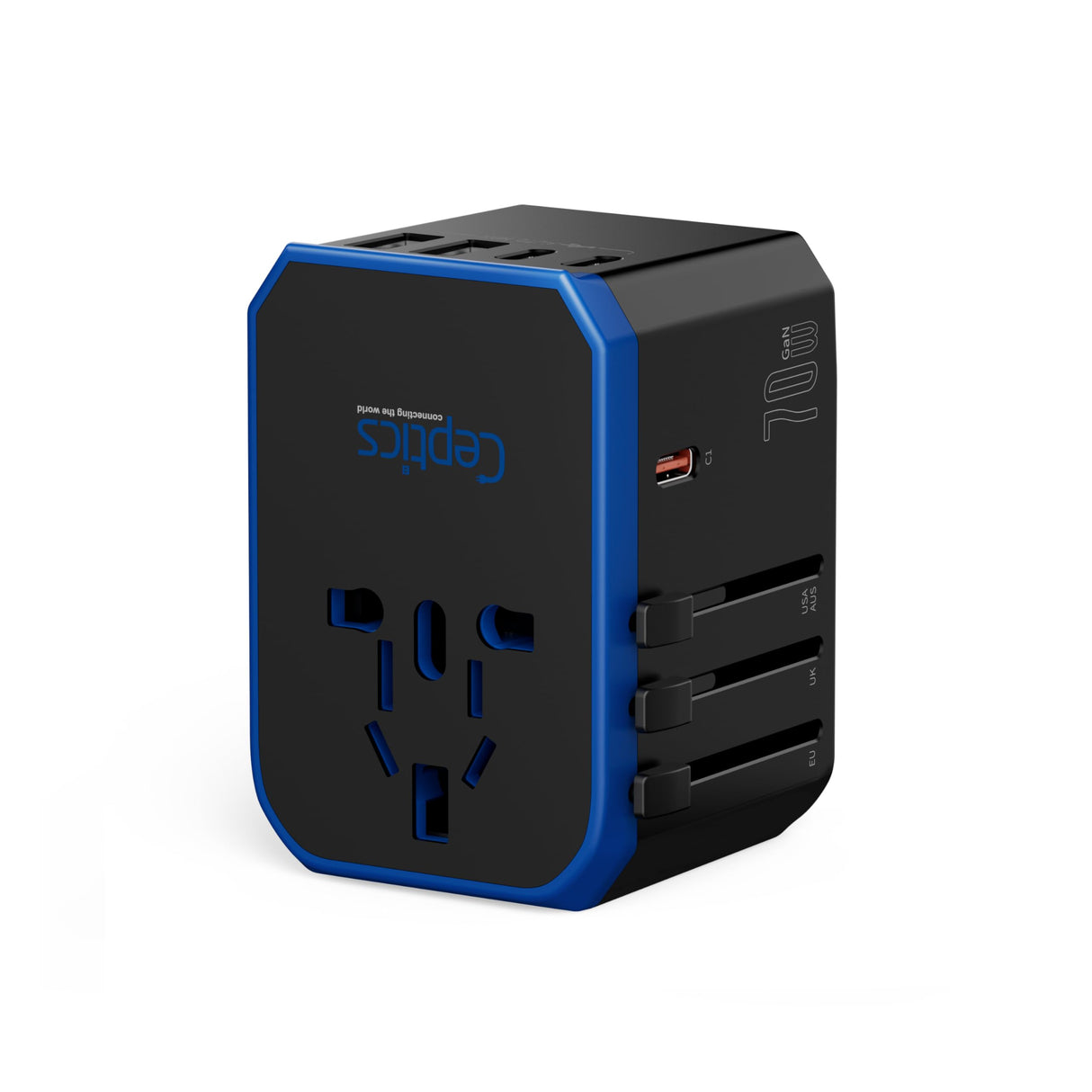 Ceptics 70W World International Travel Plug Adapter - Powerful GaN Tech with Pd & QC 3.0 Dual 3X USB-C Power - 2 USB Ports Wall Charger Type I C G A Outlets 110V 220V A/C - EU Euro US UK (70-KU)