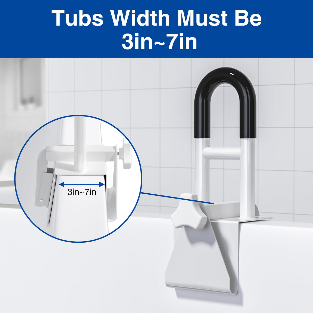 Adjustable Bathtub Safety Rail: Shower Grab Bar Handle for Seniors, Elderly, and Disabled, Fits 3 to 7 Inch Tub Walls, Bathroom Safety Bars with Non-Slip Grip, Supports 300 lbs